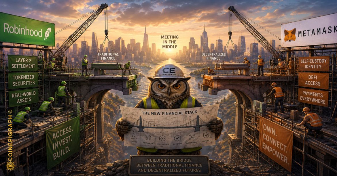 A cinematic institutional financial hub where traditional Wall Street infrastructure seamlessly converges with blockchain networks, tokenized securities, Layer 2 settlement rails, and digital asset architecture, symbolizing the emergence of tomorrow's financial stack.