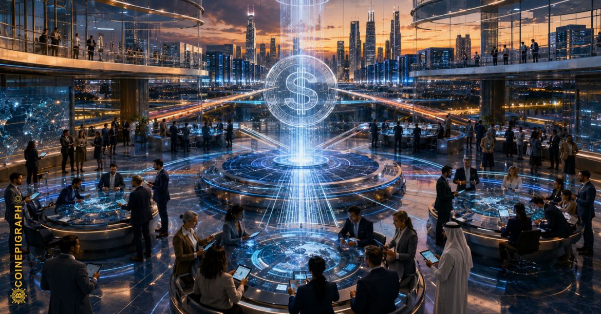 A cinematic institutional financial network where multiple digital payment rails converge around a glowing digital dollar, illustrating the evolution of stablecoins from trading instruments into the foundational infrastructure of global digital finance.