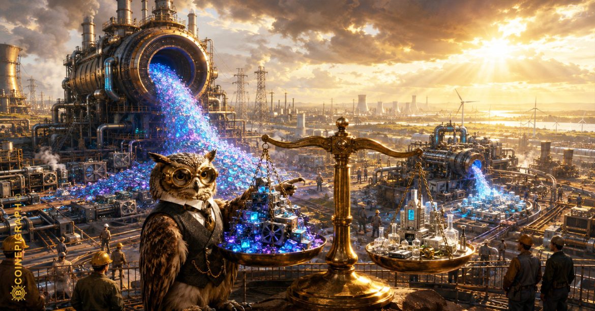 Institutional executives and AI engineers analyzing intelligent infrastructure inside a modern AI command center, where illuminated streams of digital tokens flow through advanced computing systems, symbolizing the growing economic importance of AI efficiency over raw consumption.