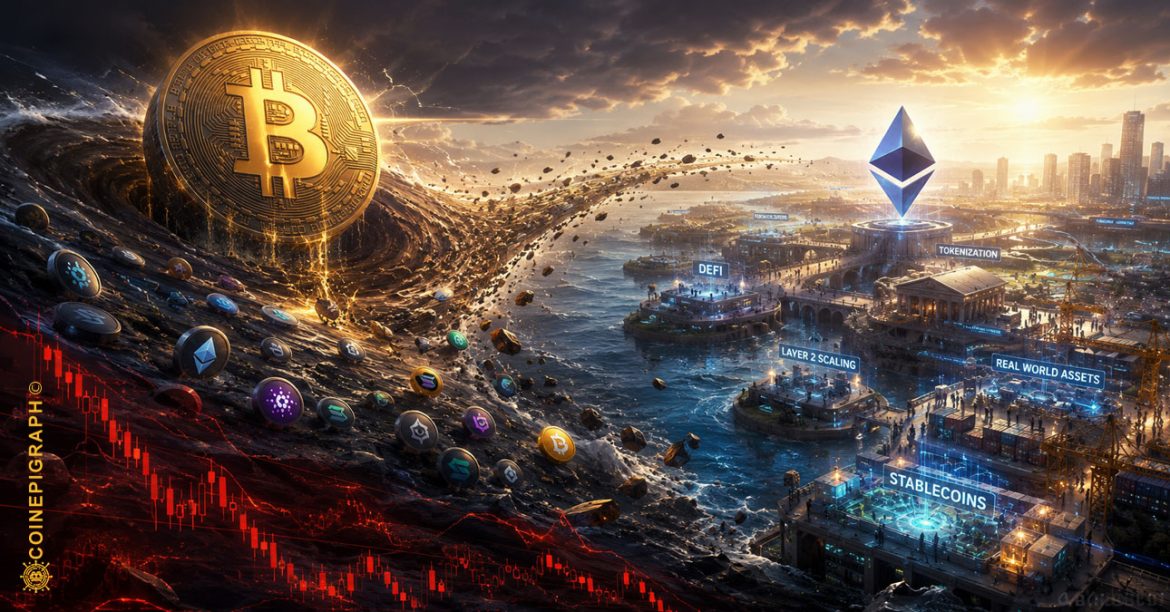 Bitcoin's gravitational influence pulling across a turbulent digital asset market while Ethereum and productive blockchain networks begin forming independent economic foundations, illustrating the divide between financial engineering and long-term value.