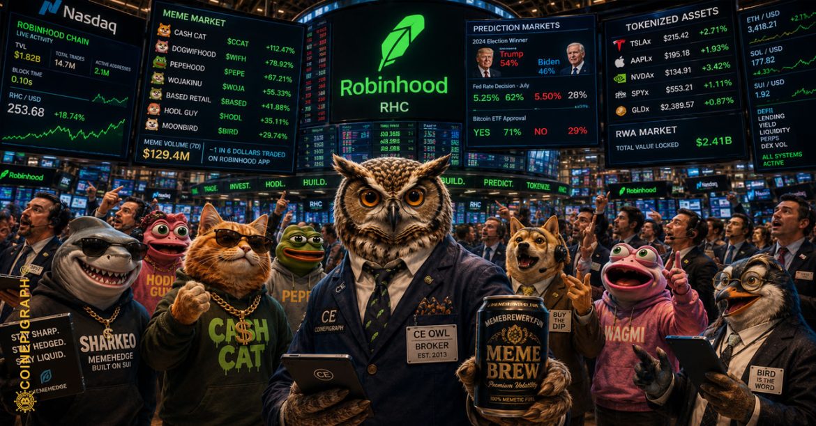 A cinematic representation of Robinhood Chain as newly constructed financial infrastructure connecting a massive established retail marketplace with an energetic wave of memecoin traders, symbolizing how distribution, culture, and liquidity can activate a new blockchain economy.