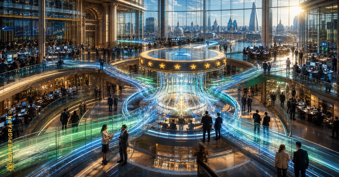 A modern European financial district connected by digital blockchain infrastructure, illustrating regulated crypto markets, institutional finance, and the evolving architecture of digital asset regulation under MiCA.