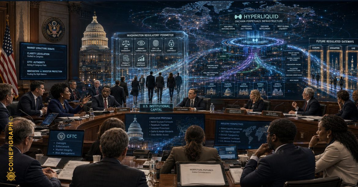 Institutional visualization of global onchain financial infrastructure connecting to a regulated U.S. market interface, illustrating Hyperliquid, derivatives liquidity and jurisdiction-specific financial access.