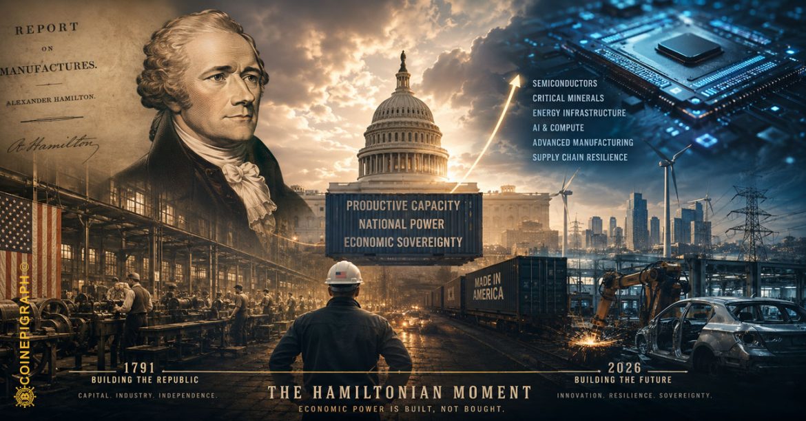 Modern U.S. industrial economy illustrating Hamiltonian economics through semiconductor manufacturing, artificial intelligence infrastructure, energy, critical minerals, advanced factories and American capital formation.