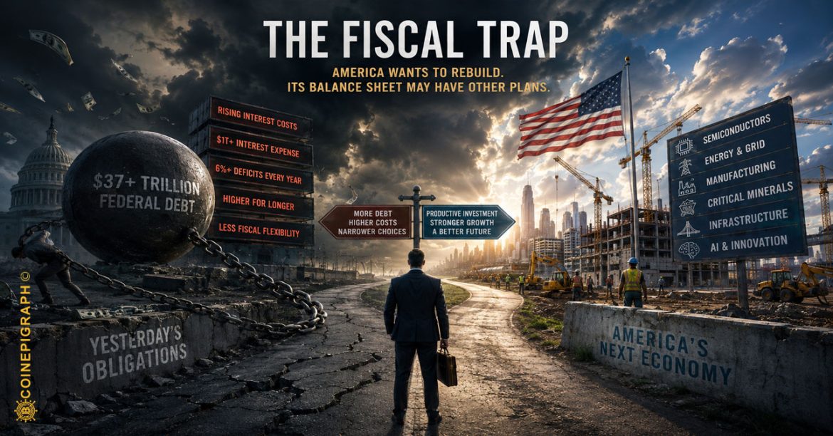 U.S. fiscal trap illustrated through rising Treasury debt and interest costs competing with investment in semiconductor factories, AI infrastructure, energy, manufacturing and American industrial capacity.