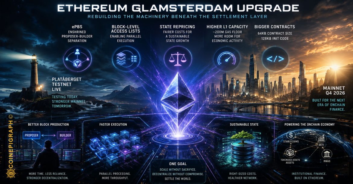 Ethereum Glamsterdam upgrade visualized as institutional settlement infrastructure connecting block production, validators, parallel execution, stablecoins, tokenized assets and global onchain financial markets.