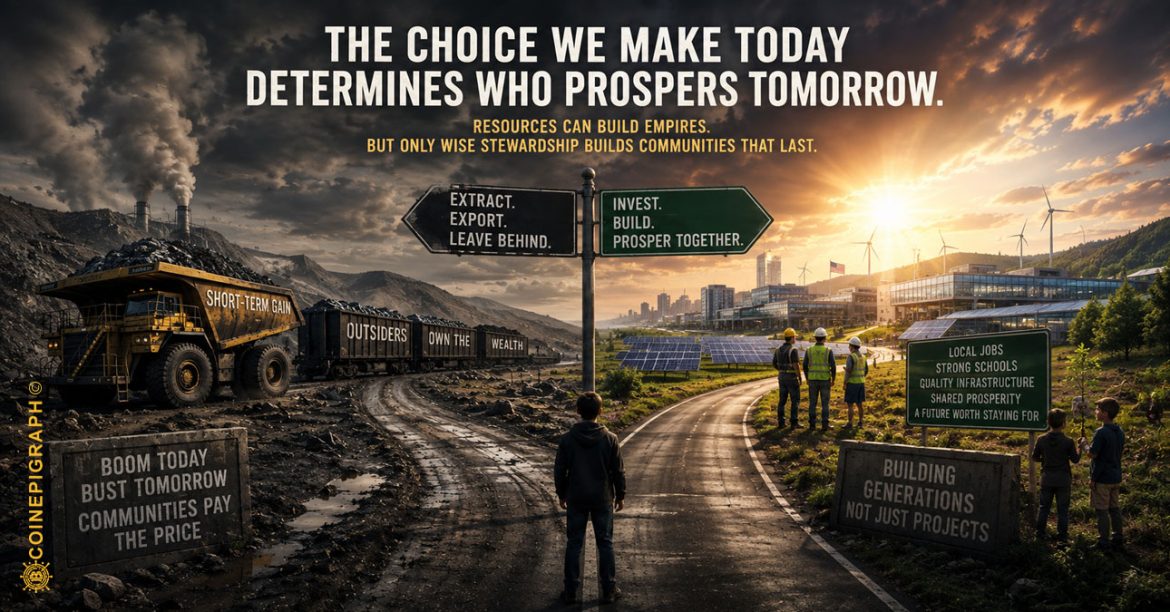 American resource curse connecting historic Appalachian coal extraction with modern critical-mineral mines, AI data centers, electrical infrastructure and advanced manufacturing as communities confront questions of ownership and local wealth creation.