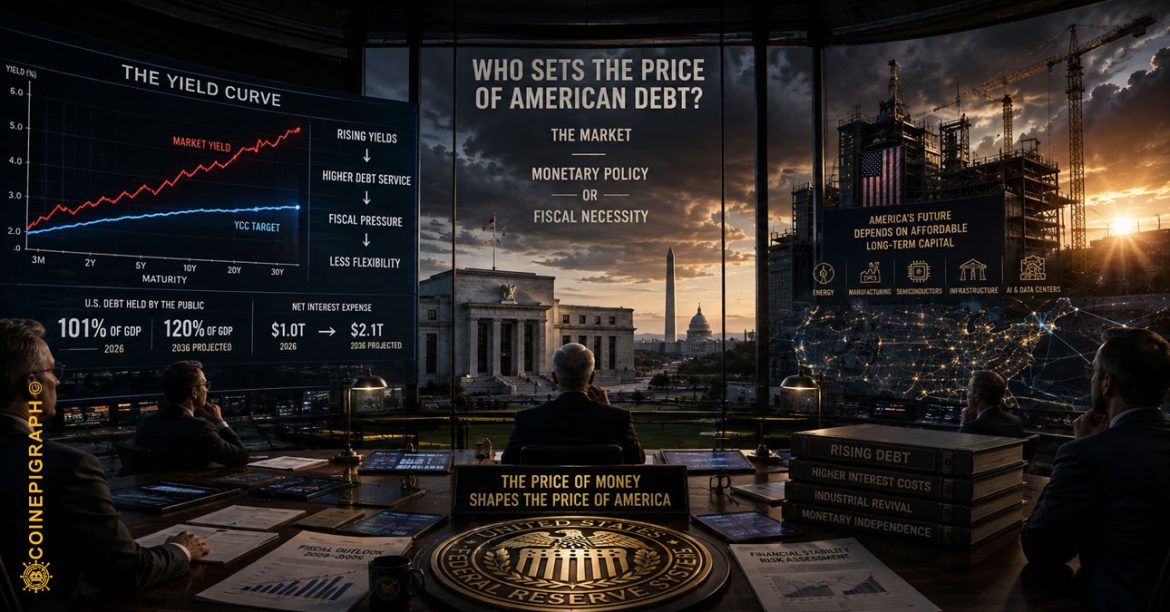 Cinematic illustration of yield curve control showing the Federal Reserve confronting rising U.S. Treasury yields, federal debt and interest costs as government borrowing competes with investment in American industry and infrastructure.