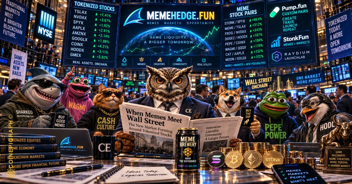 CoinEpigraph’s CE Owl and MemeCrew, including MemeHedge mascot Sharkeo, on a Wall Street trading floor surrounded by Pump.fun, StonkFun, tokenized stock pairs, crypto markets, and a MemeBrewery can, illustrating the convergence of memecoins, tokenized equities, and traditional finance.