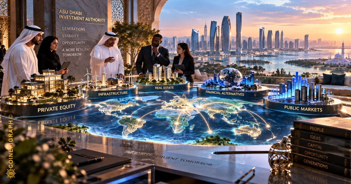 Abu Dhabi Investment Authority portfolio strategy illustrating sovereign capital moving across private equity, alternative investments, infrastructure and global markets.