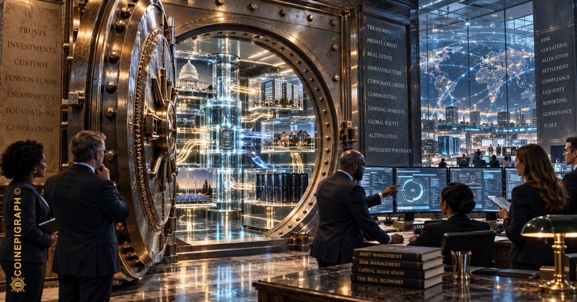 Institutional asset management transitioning from traditional fund infrastructure to programmable DeFi vaults using smart contracts and tokenized real-world assets.