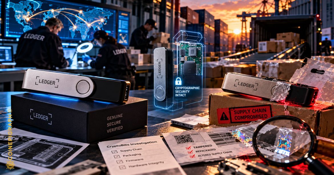 Tampered cryptocurrency hardware wallet illustrating Ledger's CryptoBilis investigation, hardware supply-chain security and risks to digital asset custody.
