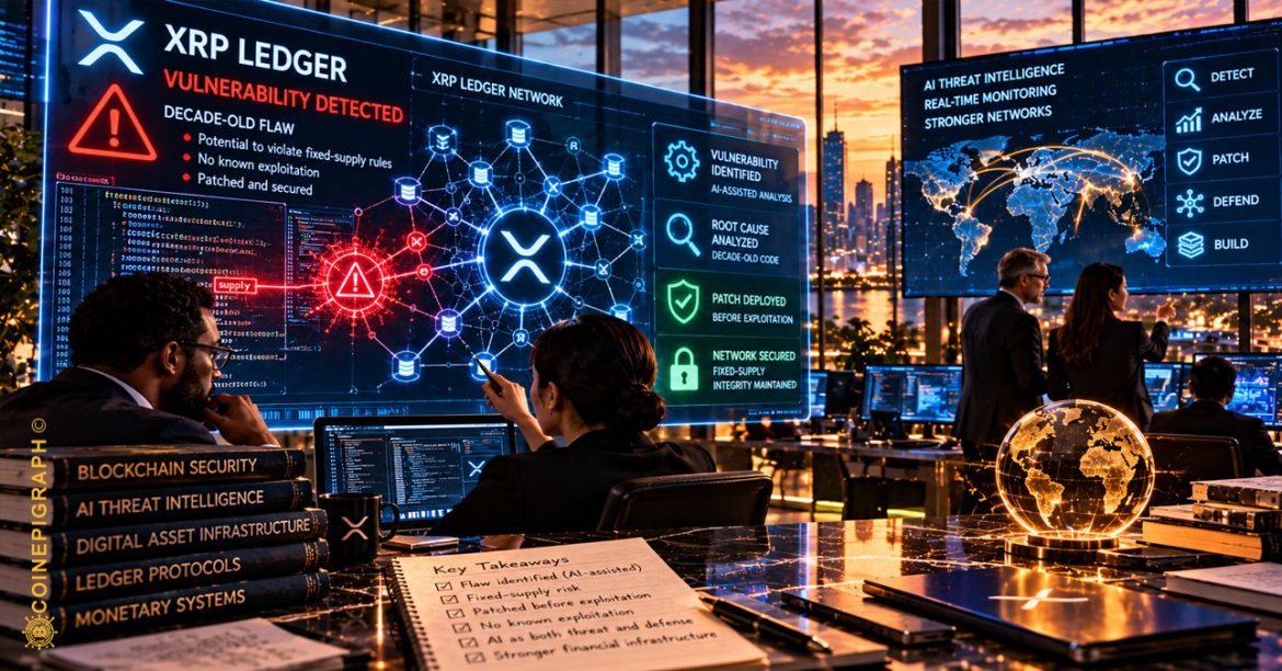 Artificial intelligence examining XRP Ledger source code for a blockchain vulnerability, illustrating AI-assisted security and cryptocurrency protocol auditing.