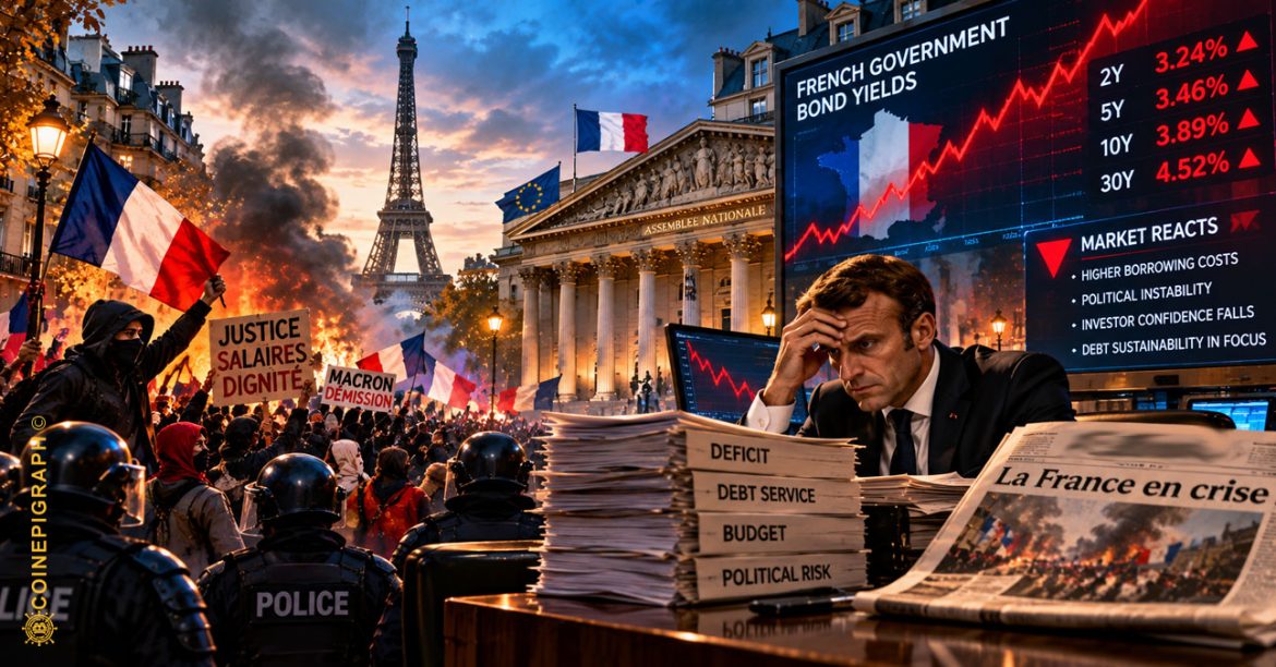 Nationwide unrest in France set against government bond markets and public infrastructure, illustrating the growing connection between French sovereign debt, fiscal pressure and political constraint.