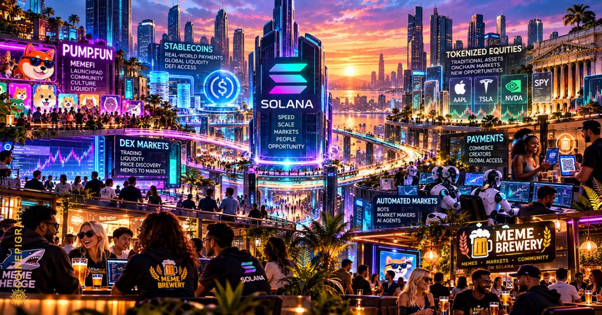Solana financial infrastructure connecting stablecoins, tokenized equities, MemeFi, payments and automated markets across a high-speed blockchain network.