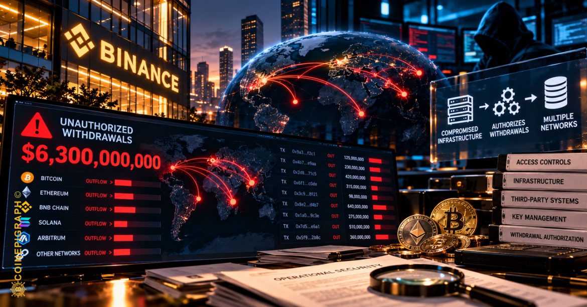 Binance security breach illustrating compromised crypto transaction infrastructure and the $6.3 billion theft from exchange hot wallets.