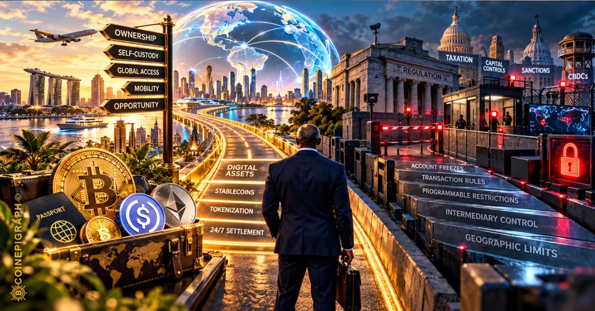 Financial infrastructure illustrating the tension between capital ownership, mobility, programmability and institutional control in the emerging digital financial system.