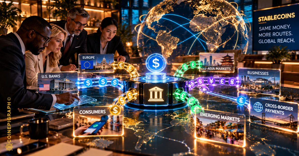 Cinematic representation of global financial institutions coordinating digital-money transactions across interconnected banking and blockchain networks.